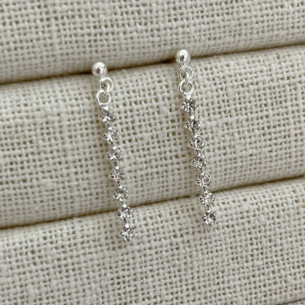 Sterling Silver 925 long rhinestone earrings minimalist prom wedding bridal - Picture 2 of 10